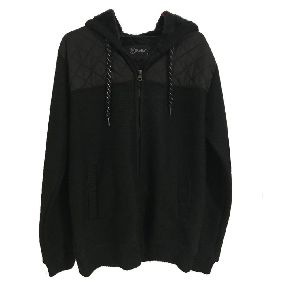 Men's Winter Quilted Fur-Lined Full-Zip Warm Sweater Hoodie Jacket, Black, L